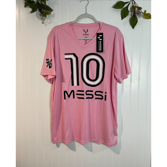 Lionel Messi Pink V-Neck Soccer Jersey L/G Messi Collection Logo 100% Polyester - Picture 1 of 10